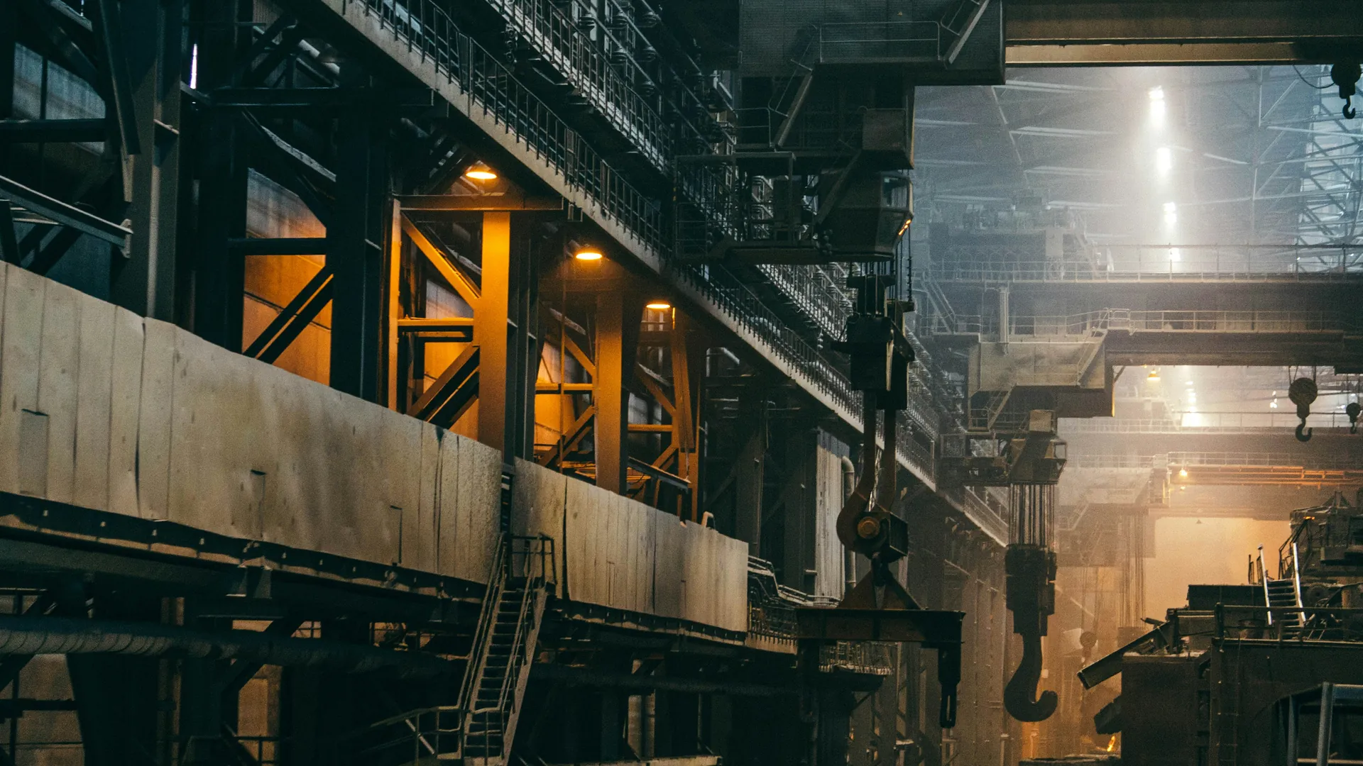 Interior of a heavy industrial plant with machinery under structured light