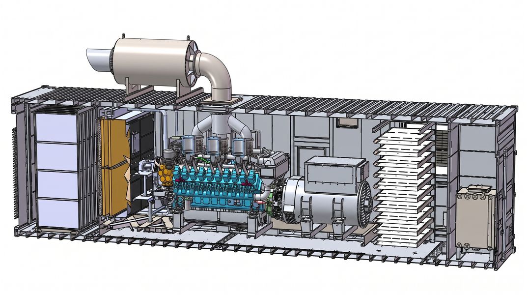 SIND containerized diesel generator with integrated fuel tank, side view