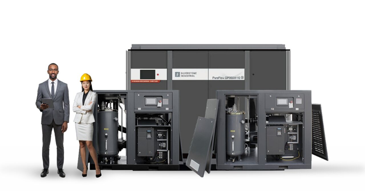 SILVERLUBE screw compressor with enclosure panels open, showing the airend and separator